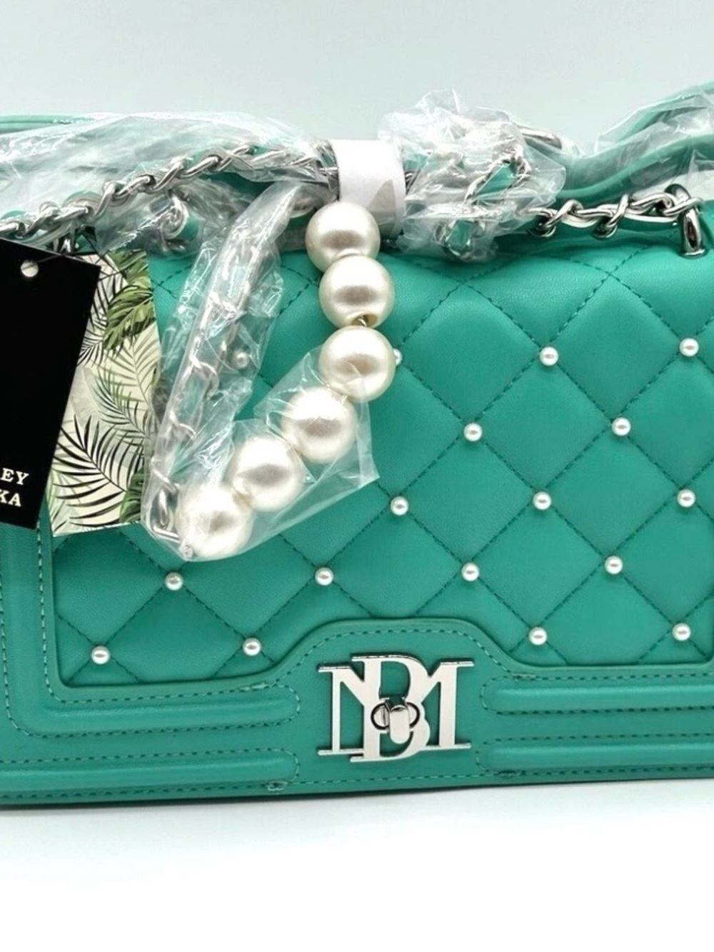 Badgley Mischka Quilted Aqua Pearl Accent Chain Crossbody Bag Vegan Leather NWT